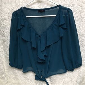 Sheer dark blue green button up blouse