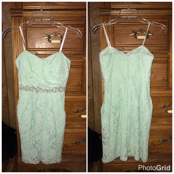 Mint green lace, jewel embellished dress