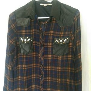 Sheer plaid leather-like bejeweled long sleeve