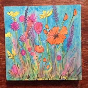 "Happy Flowers" wood wall art