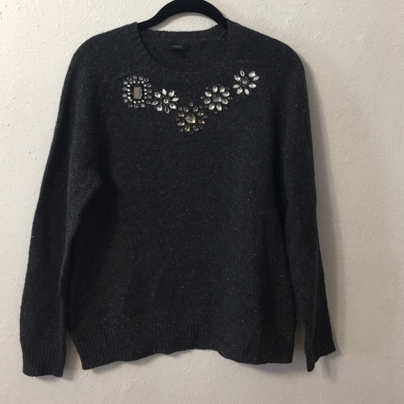 Jeweled Charcoal Tweed Raglan J. Crew Sweater