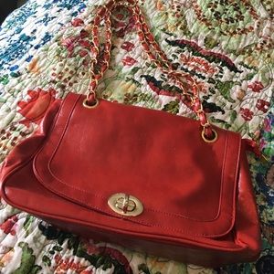 Red and gold chain patent leather shoulder bag