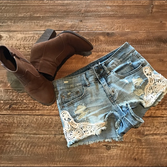Denim Shorts with Crochet Detail