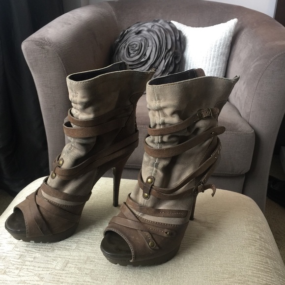 High heeled combat boots with open toe