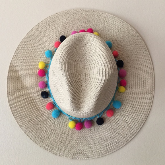Cream Straw Hat with Multi Colored Pom Poms