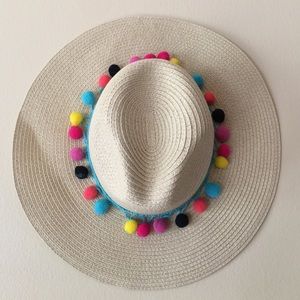 Cream Straw Hat with Multi Colored Pom Poms