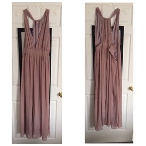 plum colored deep-V maxi dress