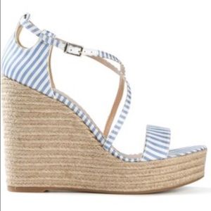 Tabitha Simmons blue striped wedge espadrilles.