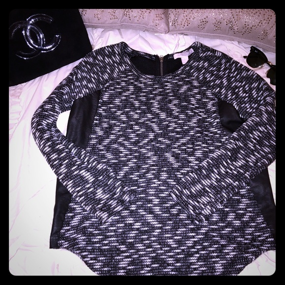 Black and gray sweater with leather trim