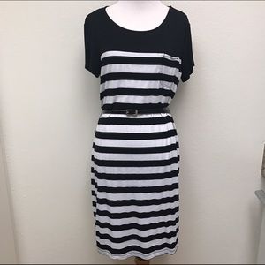 Black/White Striped Knee Length Shirt Dress