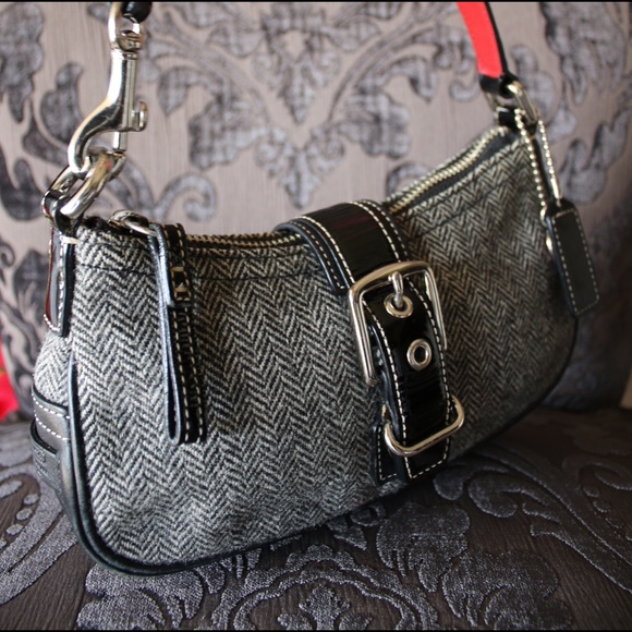 Coach Herringbone Wool & Leather Shoulder Bag