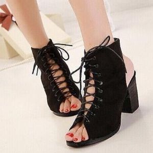 Black faux suede block heel sandals