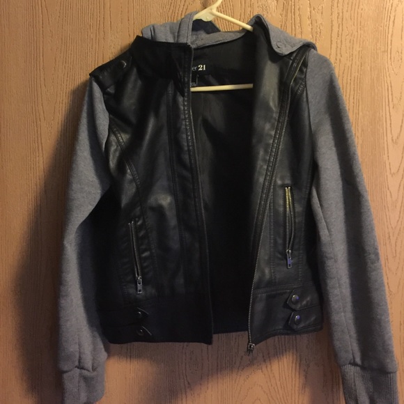 Faux leather and sweatshirt hooded jacket