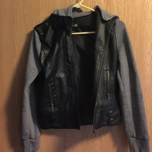 Faux leather and sweatshirt hooded jacket