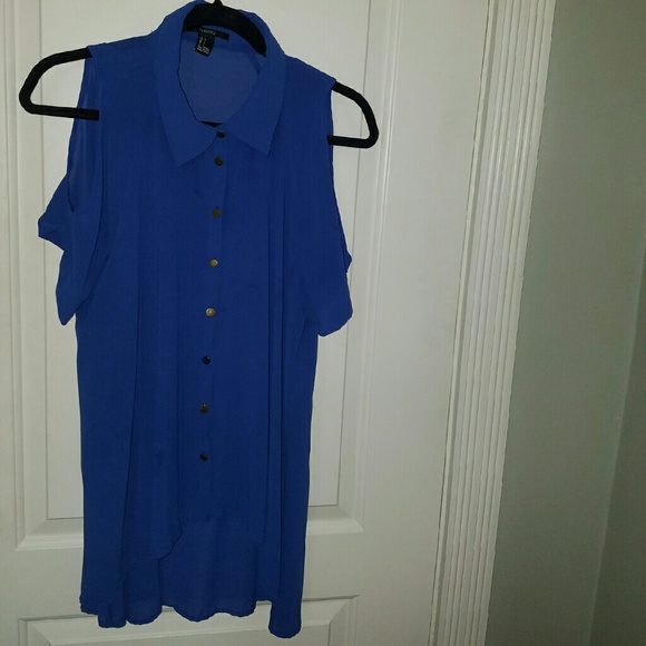 Blue semi sheer open shoulder flowy button up