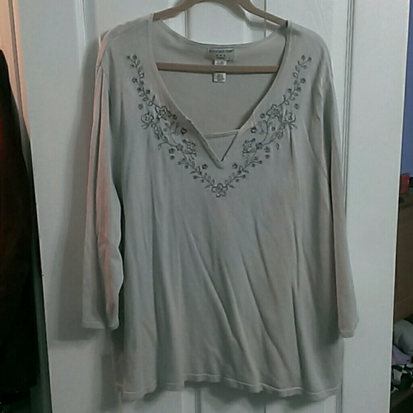 Covington Grey Blouse with Ornate Neckline