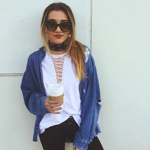 LF FOAK Distressed Denim Button Down Top