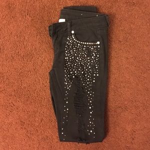 Black Ripped Skinny Jeans with Rhinestones