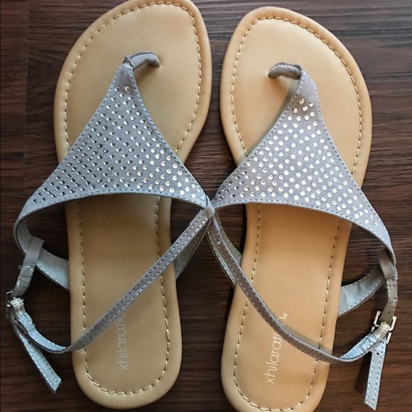 Gray sandals with rhinestone detail