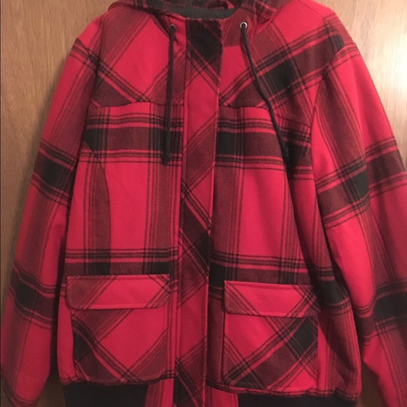 Old Navy hooded plaid red black winter coat 2x