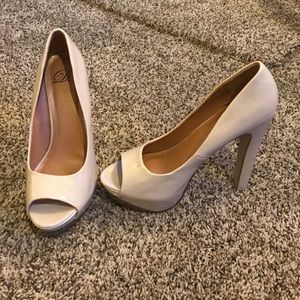 Charlotte Russe Patent Leather Tan Peep Toed Heels