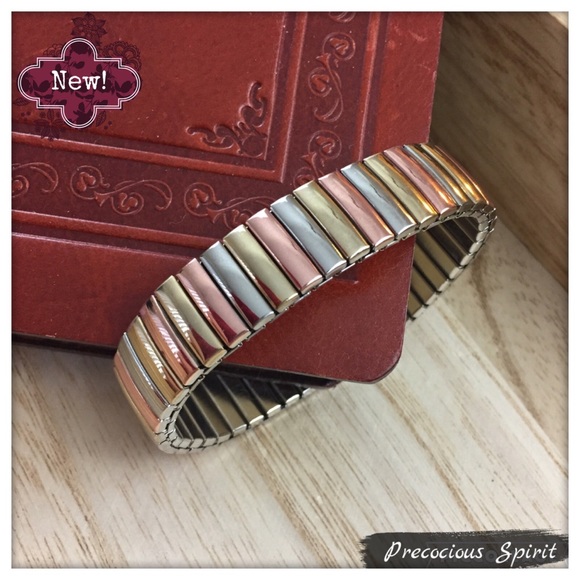 Tricolored rose gold silver metal stretch bracelet - Picture 1 of 4