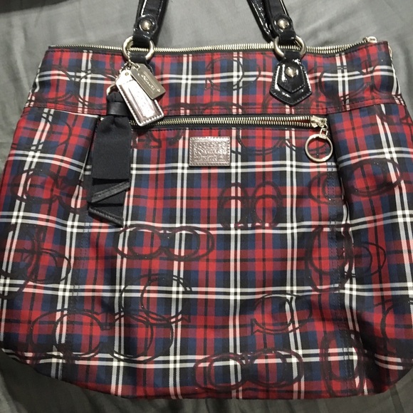 Navy and red plaid Authentic Coach purse.