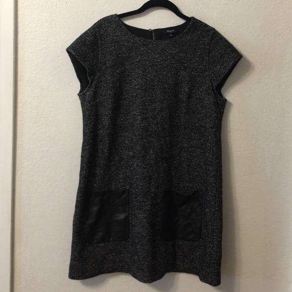 Grey Wool Shift Dress with Leather Pockets