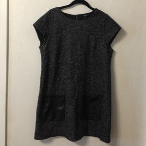 Grey Wool Shift Dress with Leather Pockets