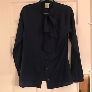 Navy bow or tie neck blouse