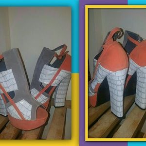 Funky Brick Print Peep Toe High Heels