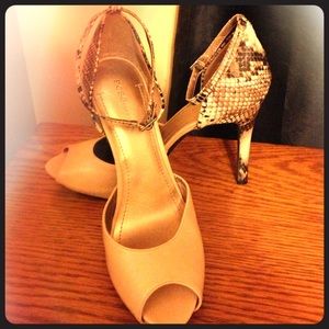 BCBG snakeskin open toe with ankle strap