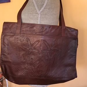 Chocolate Brown Tooled Leather Tote Bag