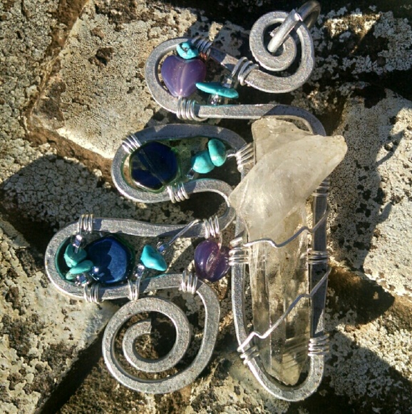 Quartz Crystal and Turquoise Wire Wrapped Pendant