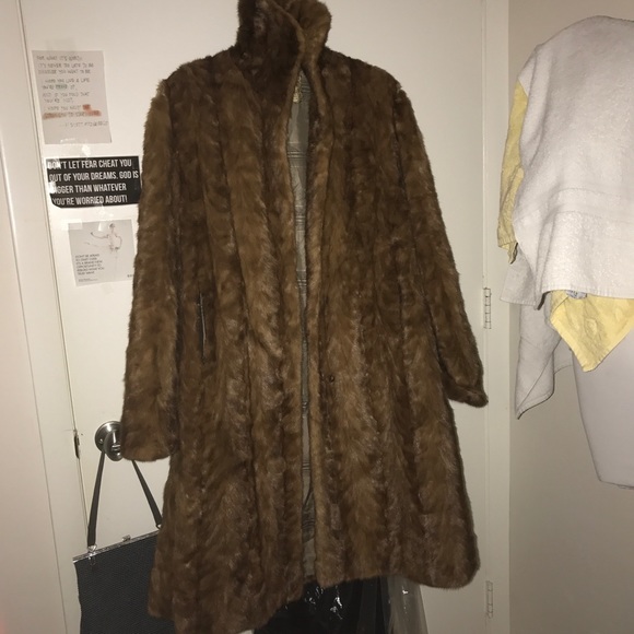 long mink fur coat with design brown needs repair