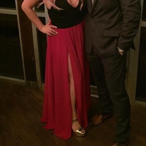 Red double slit formal maxi skirt