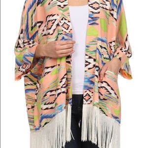 Printed kimono with fringe
