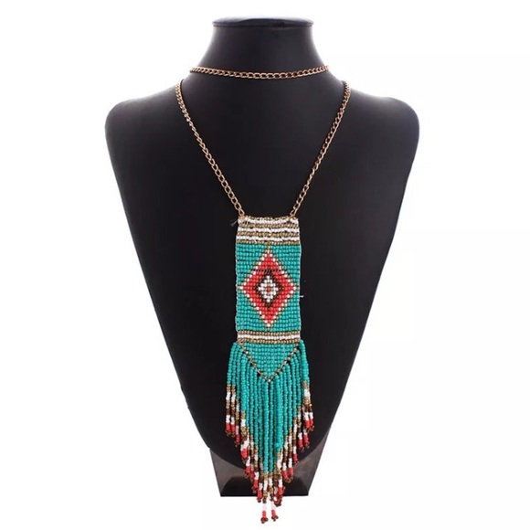 Tribal Beaded Tassel Pullover Necklace in Blue