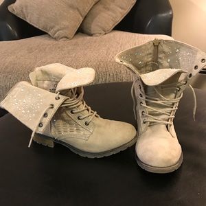 Justice suede combat boots with rhinestone accents