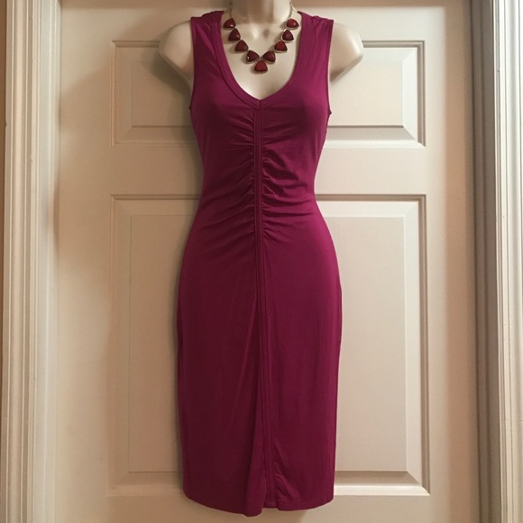 Jewel tone pink , ruched, sleeveless, v-neck dress