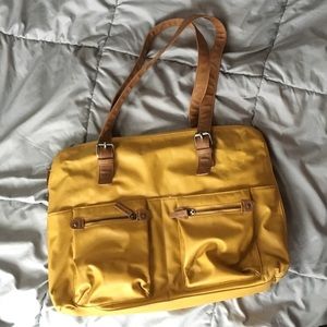 Vegan Leather Tote - mustard and brown.