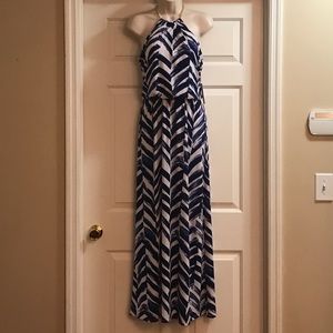 Blue & white chevron halter style maxi dress
