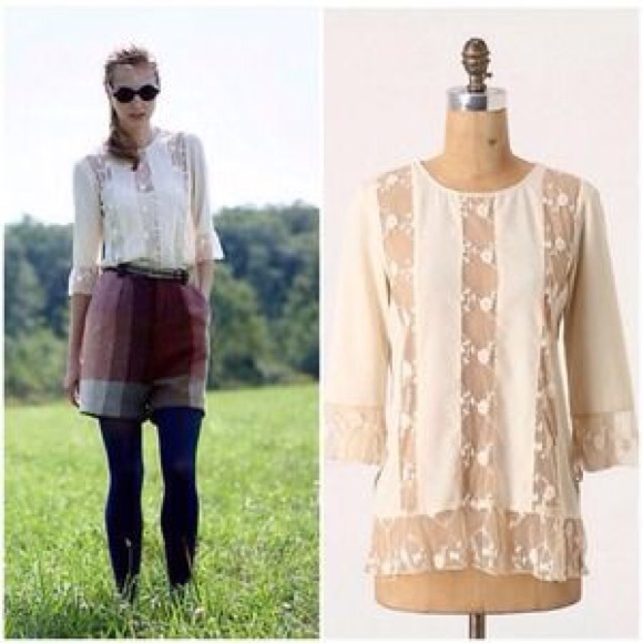 Anthropologie cream floral lace stripe blouse