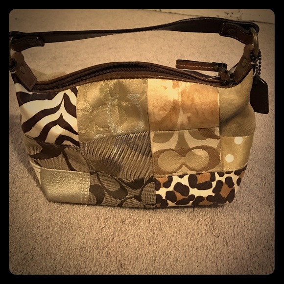 Coach small tote in patchwork animal print