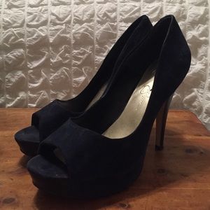 Navy blue suede open-toe pumps, 8.5