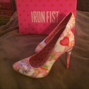 Iron fist care bear rainbow print heels