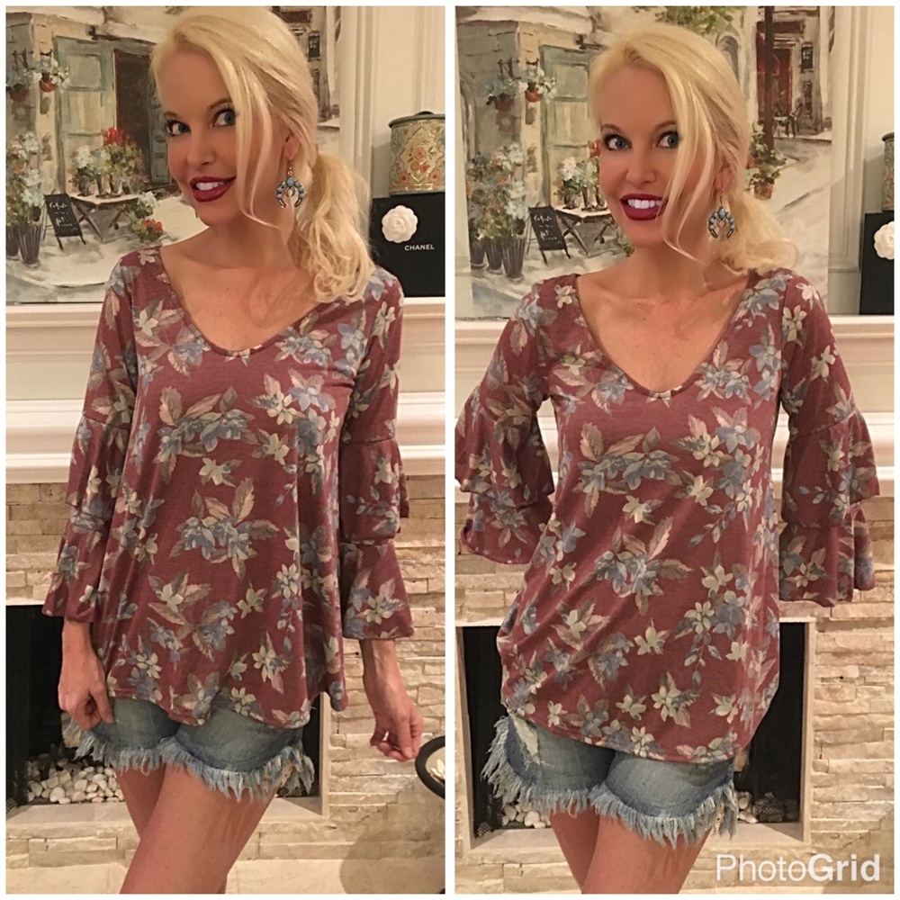 Faded floral ruffle bell sleeve top - LAST ONE - Picture 2 of 2