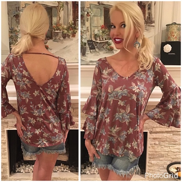 Tops - Faded floral ruffle bell sleeve top - LAST ONE