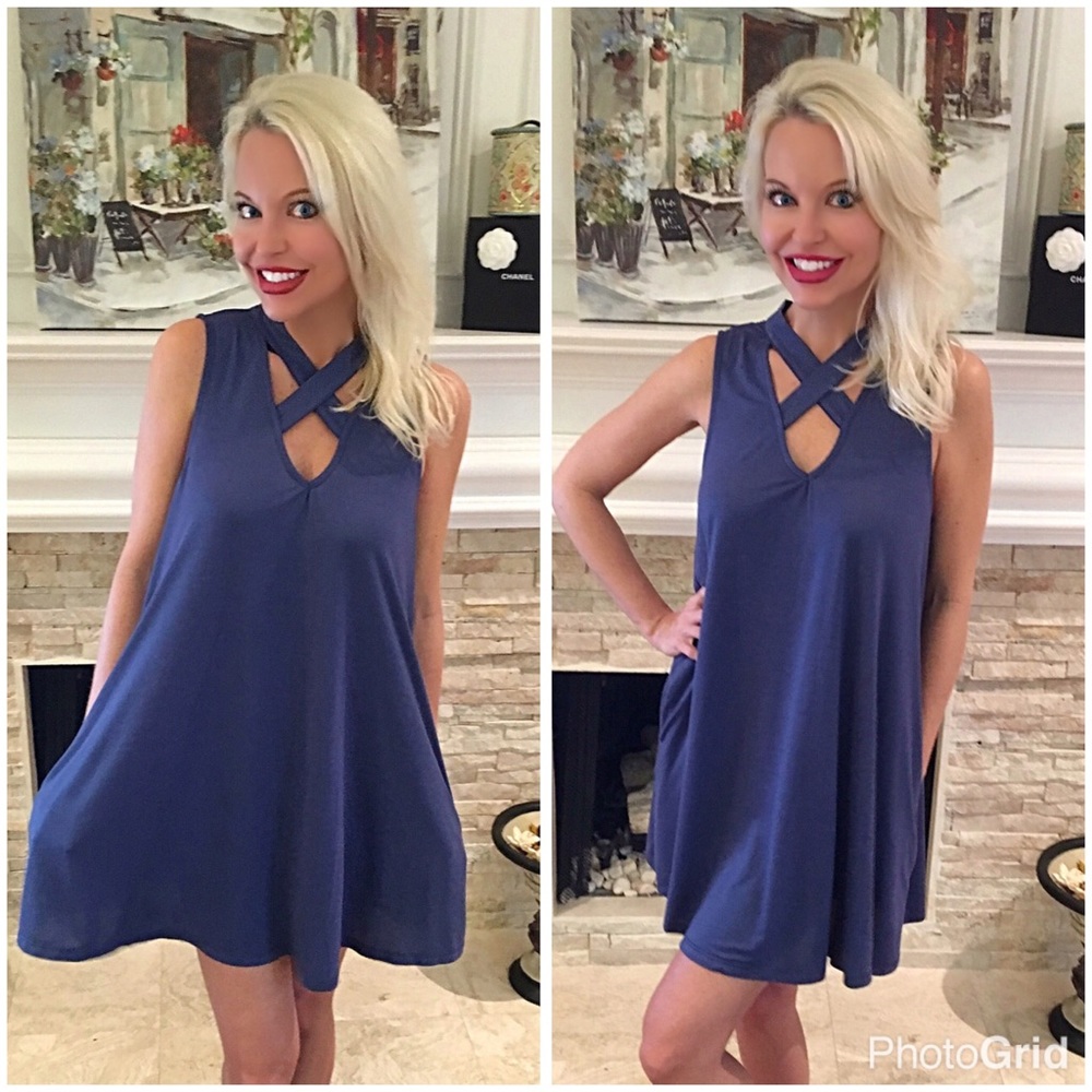 Blue criss cross top tunic/dress with pockets - Picture 1 of 2
