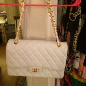Chanel white lamb skin double flap jumbo purse